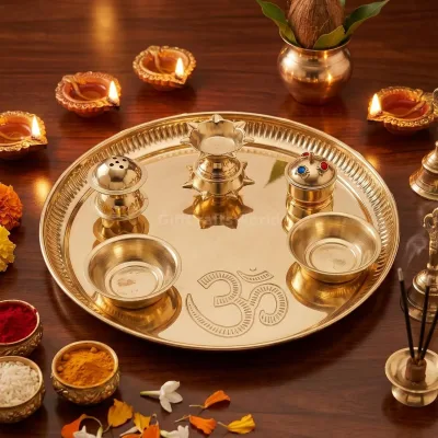 9 Inch Pure Brass Fixed Pooja Thali Set, Om Embossed Traditional Aarti Plate With Aggarbatti Stand